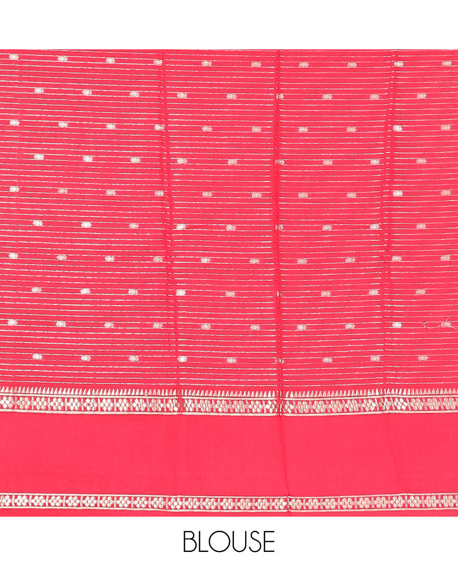 Dark Green Assam Silk Saree Woven with Zari Buttas and Stripes, Complemented by a Contrast Traditional Zari Design Border, a Captivating Pallu Featuring Zari Designs, and Paired with a Contrast Blouse