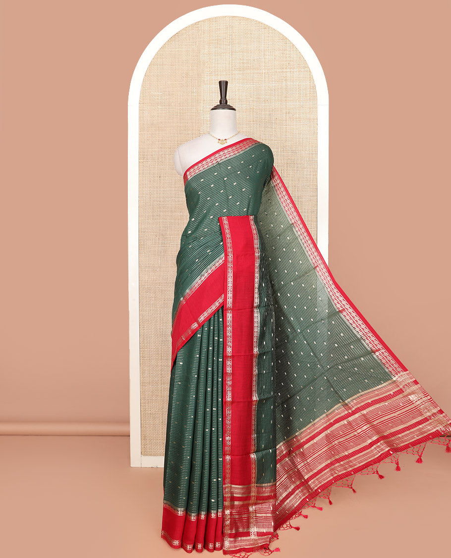 Dark Green Assam Silk Saree Woven with Zari Buttas and Stripes, Complemented by a Contrast Traditional Zari Design Border, a Captivating Pallu Featuring Zari Designs, and Paired with a Contrast Blouse