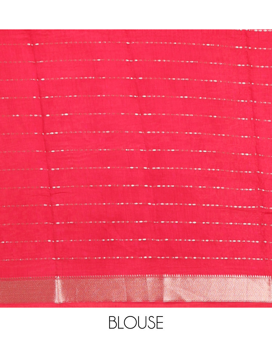 Dark Orange Assam Silk Saree Elevated with All-Over Buttas, Complemented with a Contrast Traditional Zari Border, Zari-Striped Pallu, and Paired with a Contrast Blouse