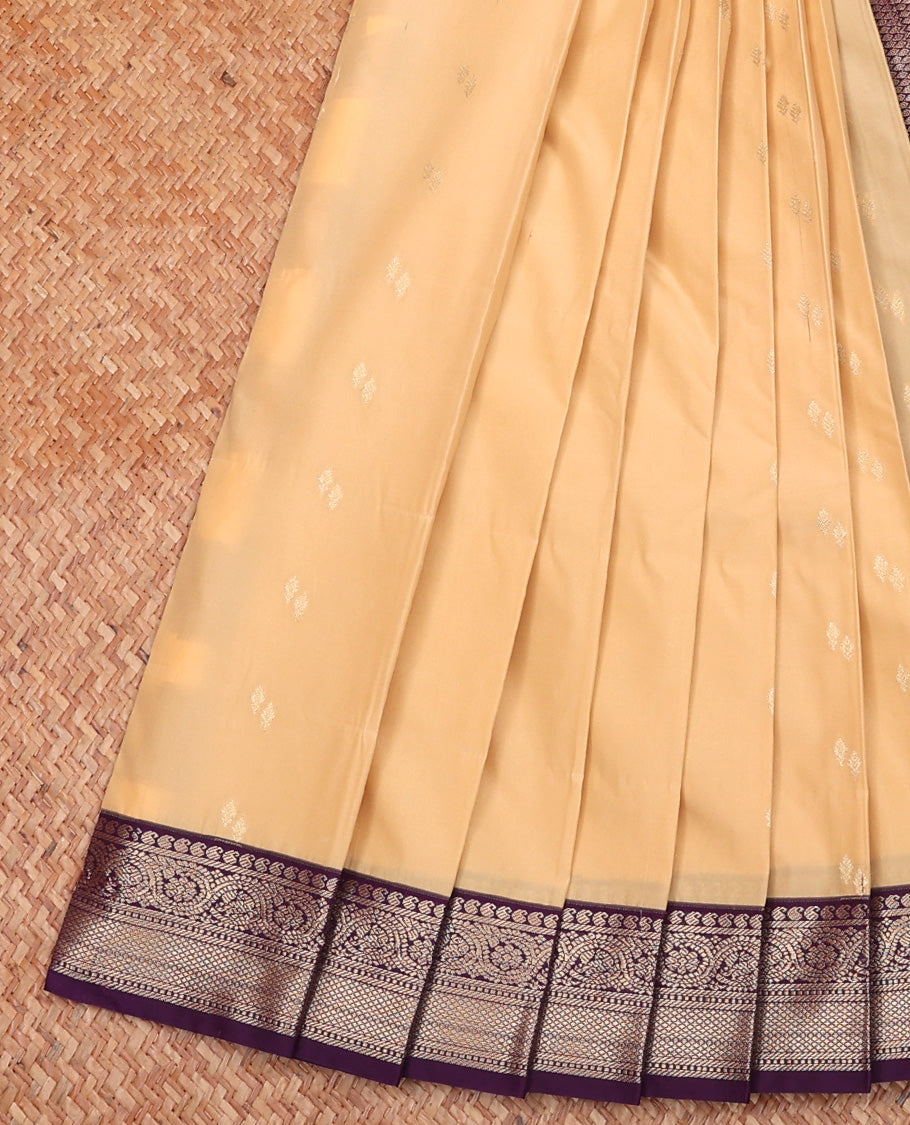 Sandal Budget Silk Saree, Sparsely Woven with Zari Buttas All Over Its Body, Complemented by Contrast Traditional Zari Designs Woven Border, Grand Jaal Pallu and Paired with a Contrast Blouse