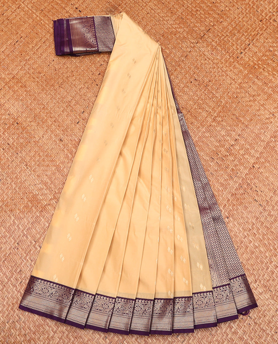 Sandal Budget Silk Saree, Sparsely Woven with Zari Buttas All Over Its Body, Complemented by Contrast Traditional Zari Designs Woven Border, Grand Jaal Pallu and Paired with a Contrast Blouse