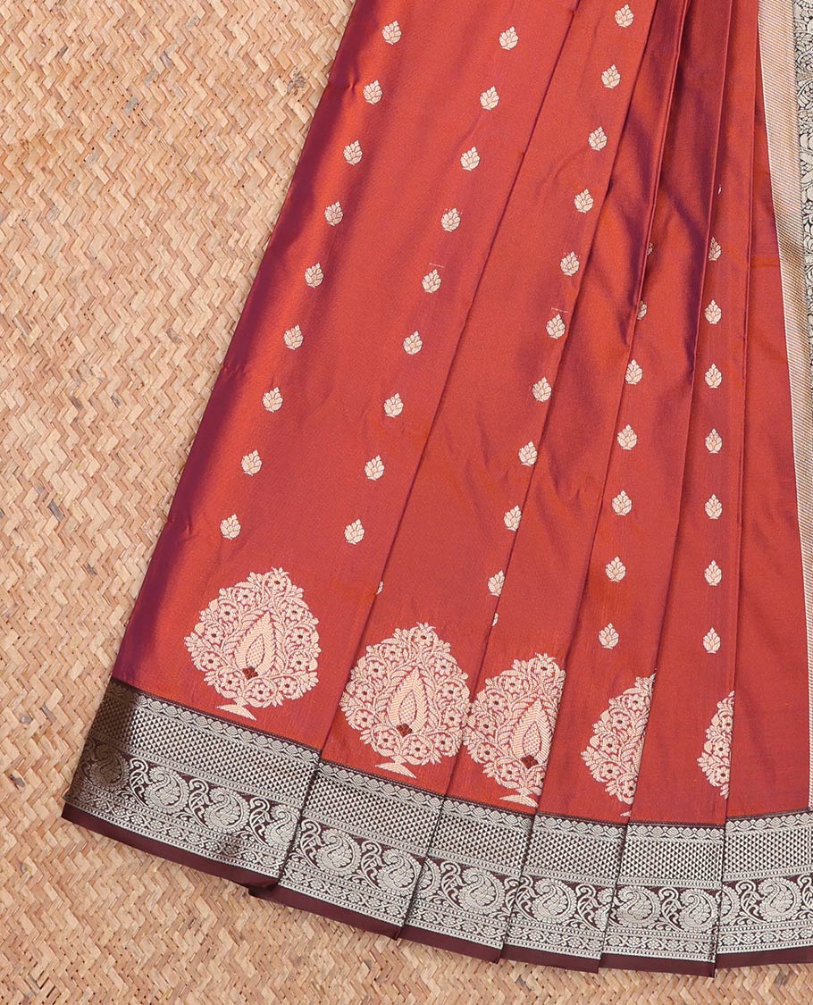 Orange Budget Silk Saree, Finely Crafted with Zari Buttas All Over Its Body, Complemented by a Contrast Traditional Zari Design Border of Paisleys, Grand Jaal Pallu, and Paired with a Contrast Blouse
