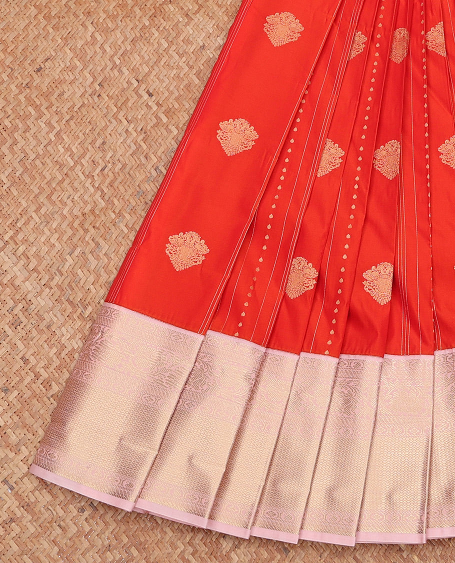 Orange Budget Silk Saree Features with Zari Buttas and Stripes, Complemented by a Contrast Traditional Zari Border, Jaal Pallu, and Contrast Blouse