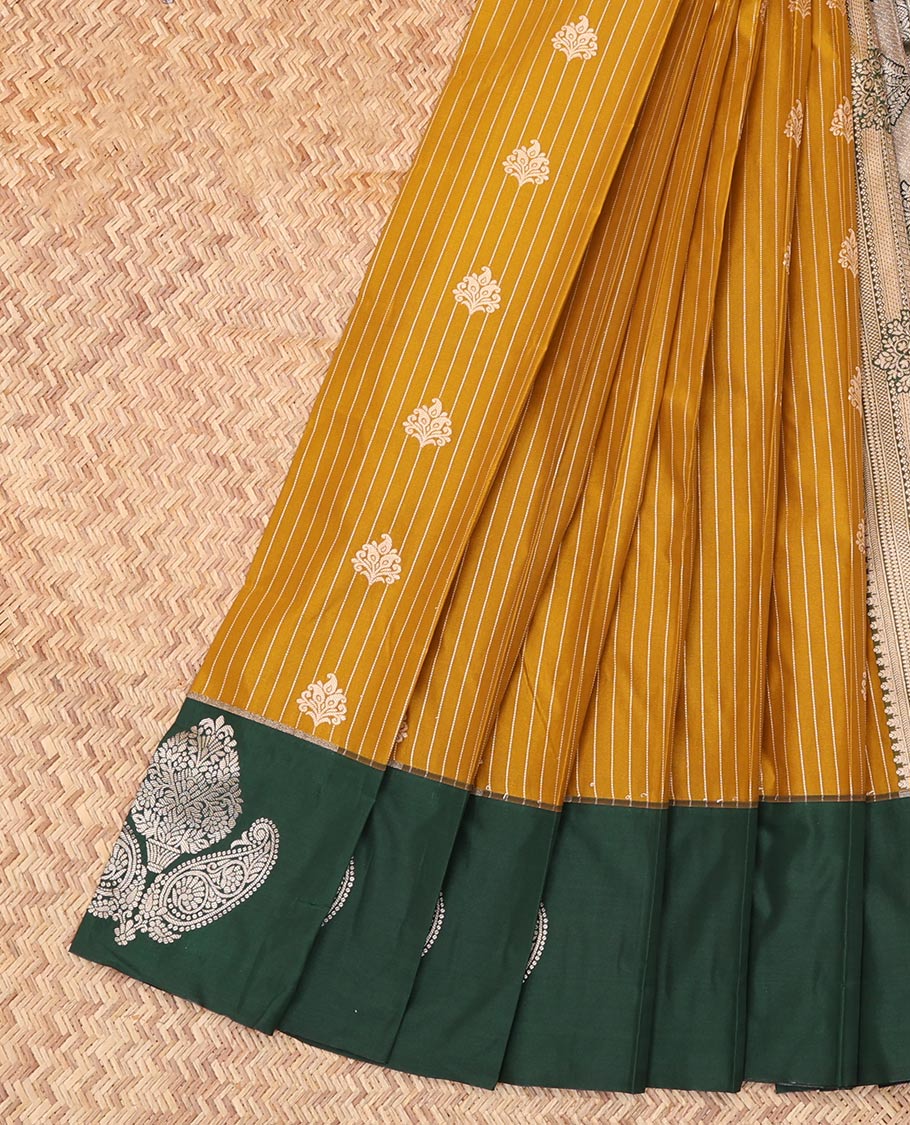 Mustard Budget Silk Saree, Delicately Woven with Stripes and Buttas, Complemented by Contrast Zari Motif Border, a Grand Pallu and a Contrast Blouse