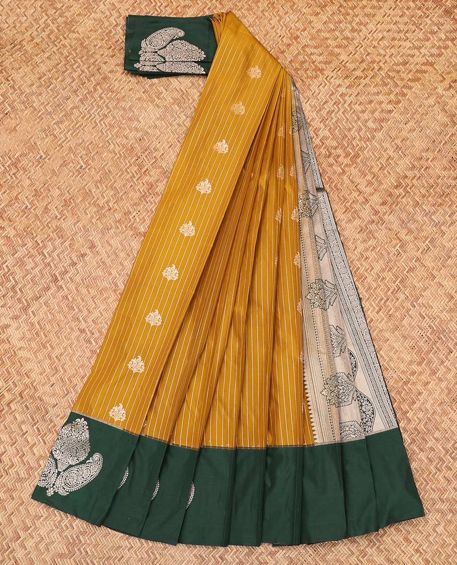 Mustard Budget Silk Saree, Delicately Woven with Stripes and Buttas, Complemented by Contrast Zari Motif Border, a Grand Pallu and a Contrast Blouse