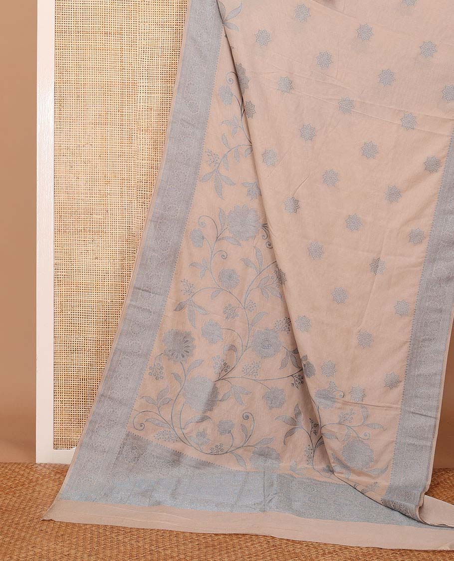 Sandal floral jaal jacquard fancy crepe saree, traditional floral creeper zari border & intricate pallu