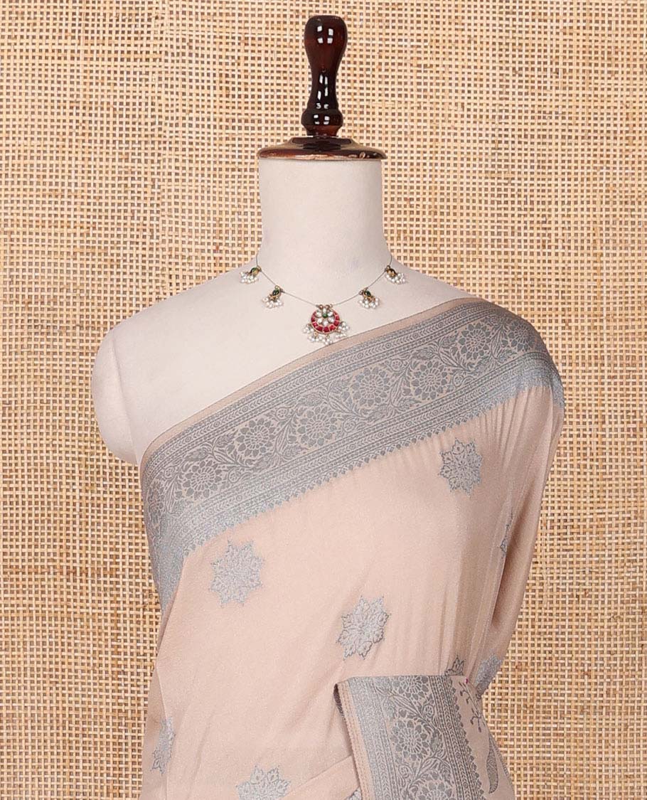 Sandal floral jaal jacquard fancy crepe saree, traditional floral creeper zari border & intricate pallu