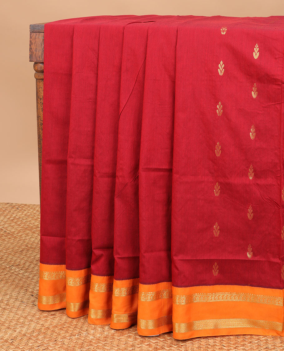 Green zari buttas silk saree, contrast one-sided temple rettai pettu border of salangai,banaras,rettai neli & chakram & intricate pallu