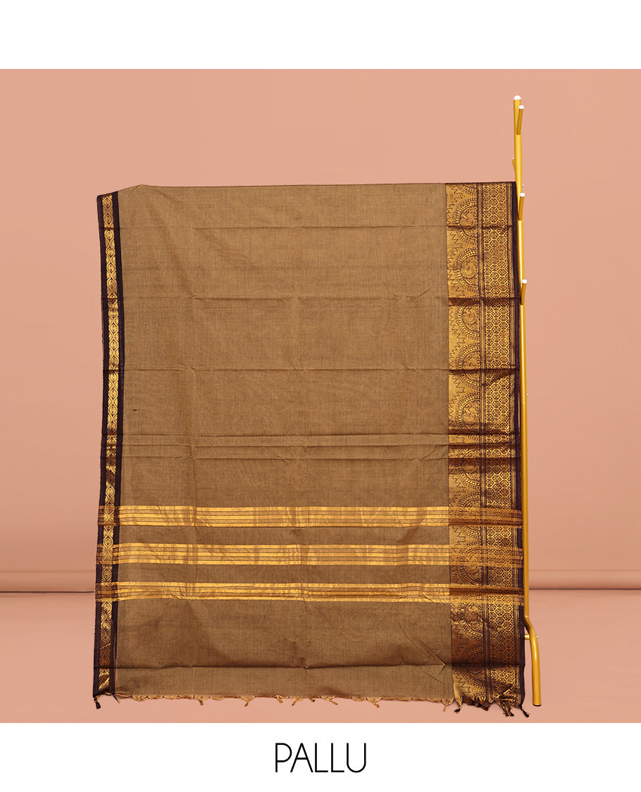 Pale Brown Plain Chettinad Cotton Saree, Complemented by a Contrast Traditional Zari Border, Pallu of Stripes, and Paired with a Matching Blouse