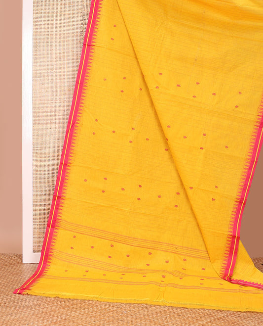 Yellow striped and buttas Chettinad cotton saree, contrast temple thread border, and pallu of stripes and buttas