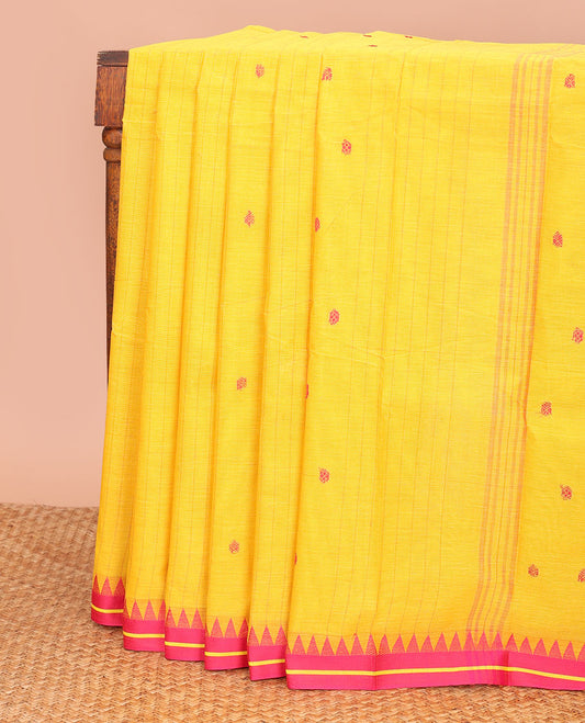 Yellow striped and buttas Chettinad cotton saree, contrast temple thread border, and pallu of stripes and buttas