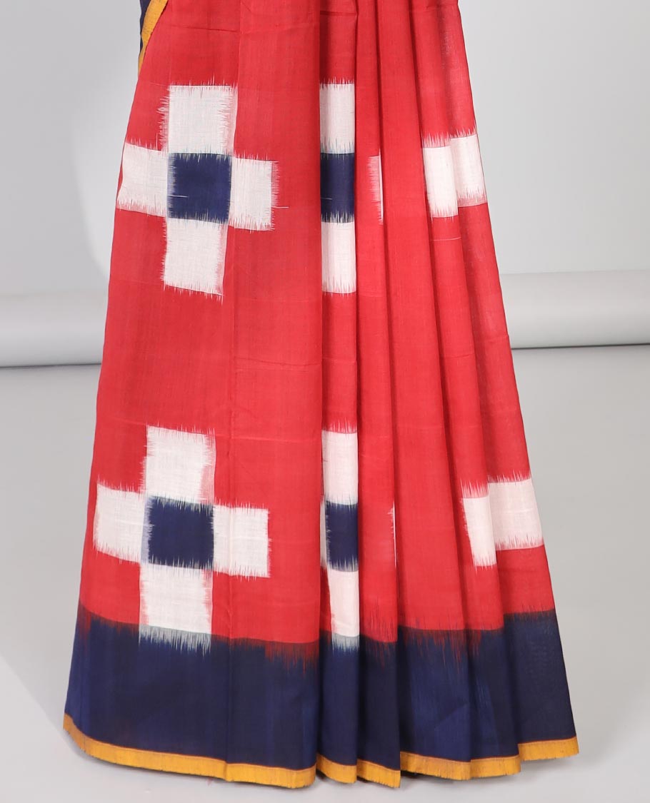 Red geometric design Ikkat cotton saree with contrast plain border & striped and geometric design pallu