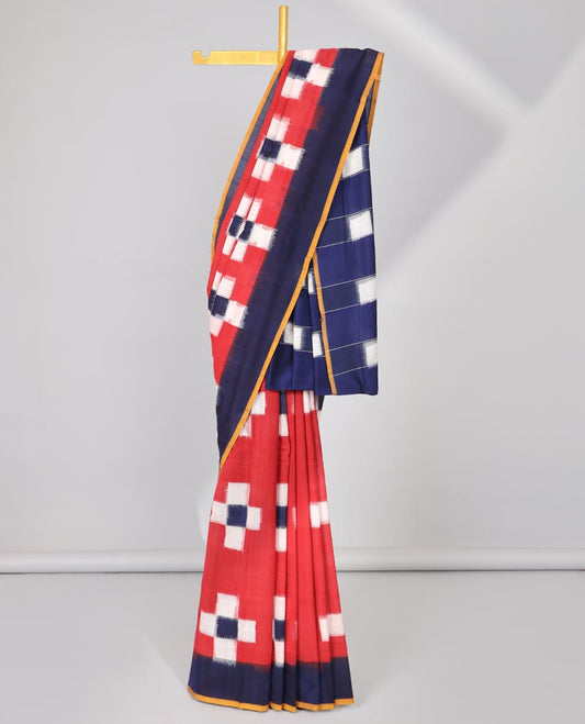 Red geometric design Ikkat cotton saree with contrast plain border & striped and geometric design pallu