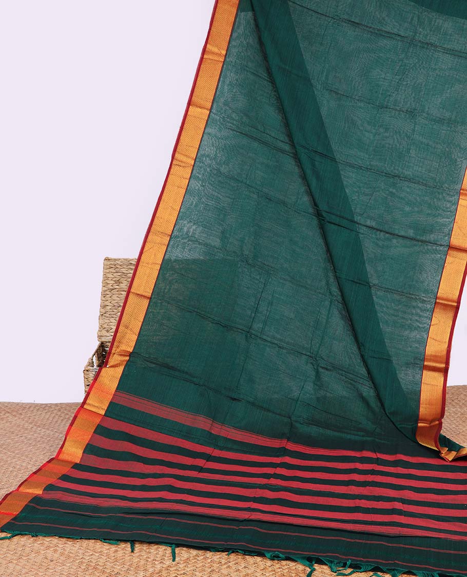 Dark green vnarayanapet cotton saree with contrast zari design border & striped pallu