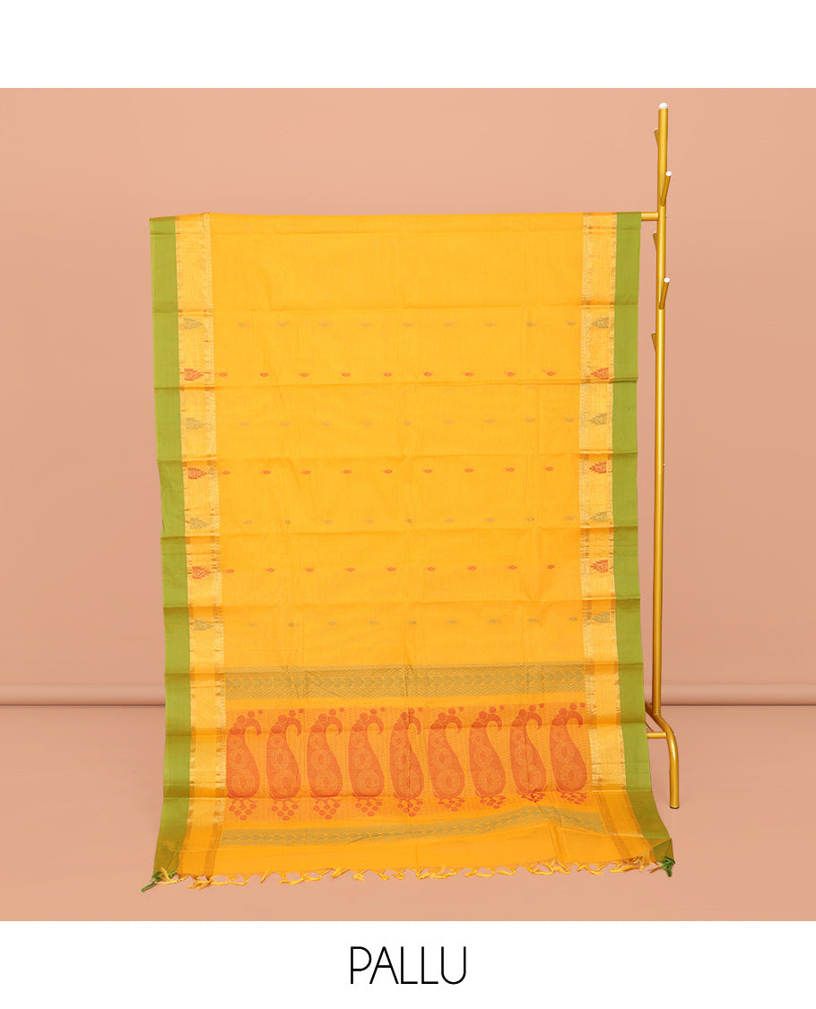 Yellow Kanchi Cotton Saree, Adorned with Buttas All Over Its Body, Complemented by Contrast Border, Pallu of Paisley Designs, and Paired with a Matching Blouse