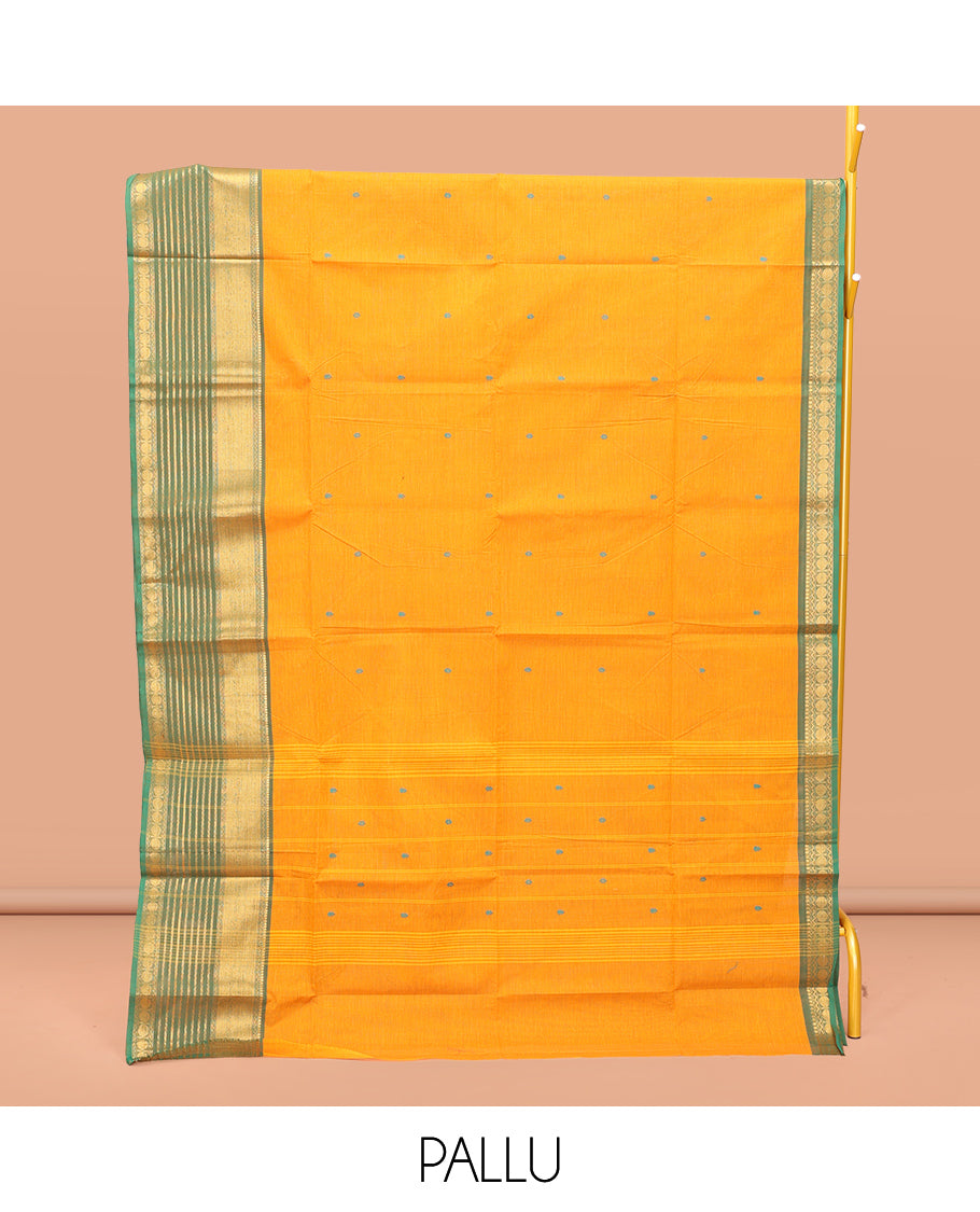 Yellow Chettinad Cotton Saree, Featuring Thread Buttas on Its Body, Complemented by a Contrast Traditional Zari Design Border, Pallu of Stripes and Buttas, and Paired with a Matching Blouse