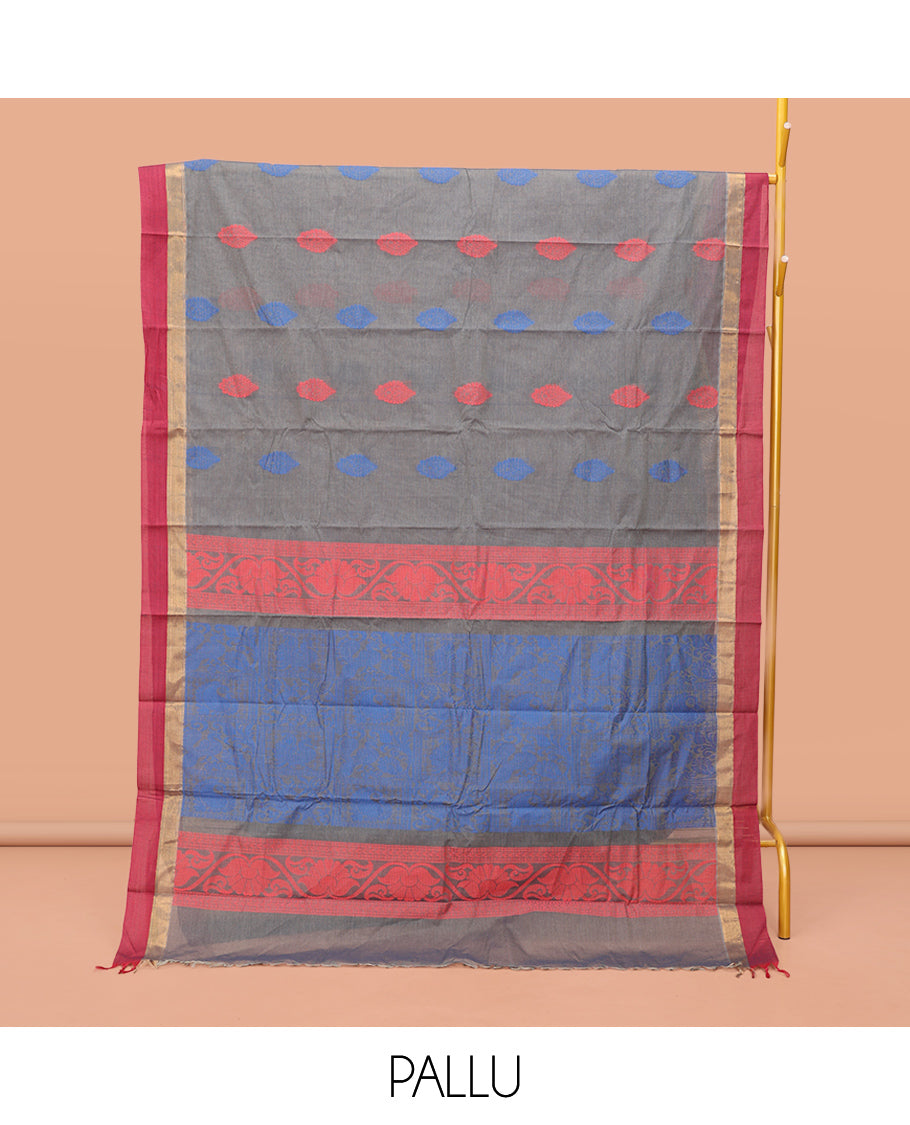 Grey Kanchi Cotton Saree, Adorned with Thread Buttas on Its Body, Complemented by a Contrast Border, Delicately Woven Pallu, and a Matching Blouse