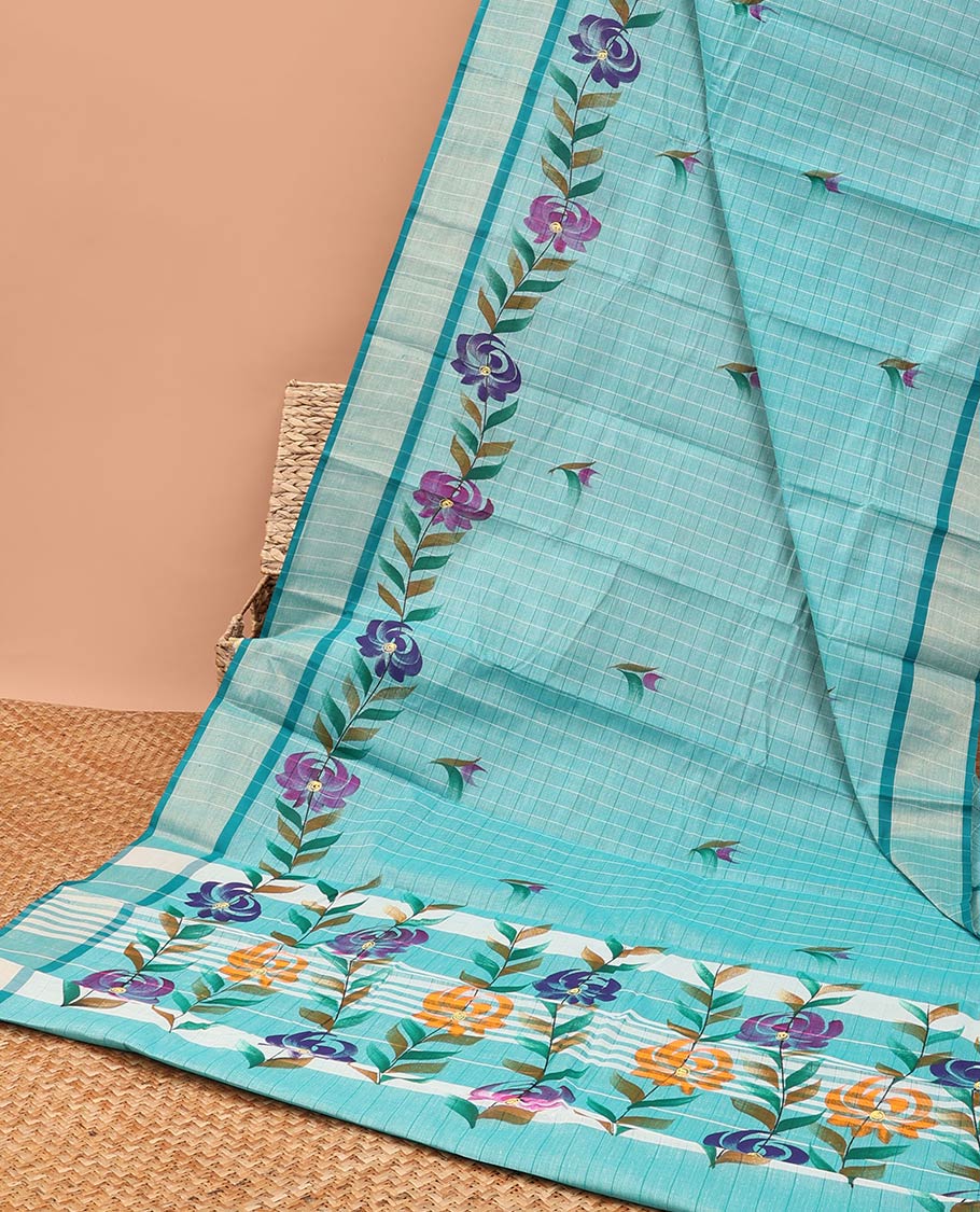 Blue checked , floral design chirla cottton saree with contrast striped border & floral, checked design pallu