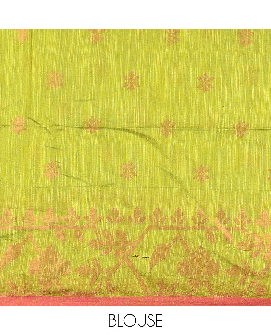 Lime green zari buttas Kadhi cotton saree, paithani-style floral-theme zari woven border & paithani-style motifs zari woven pallu