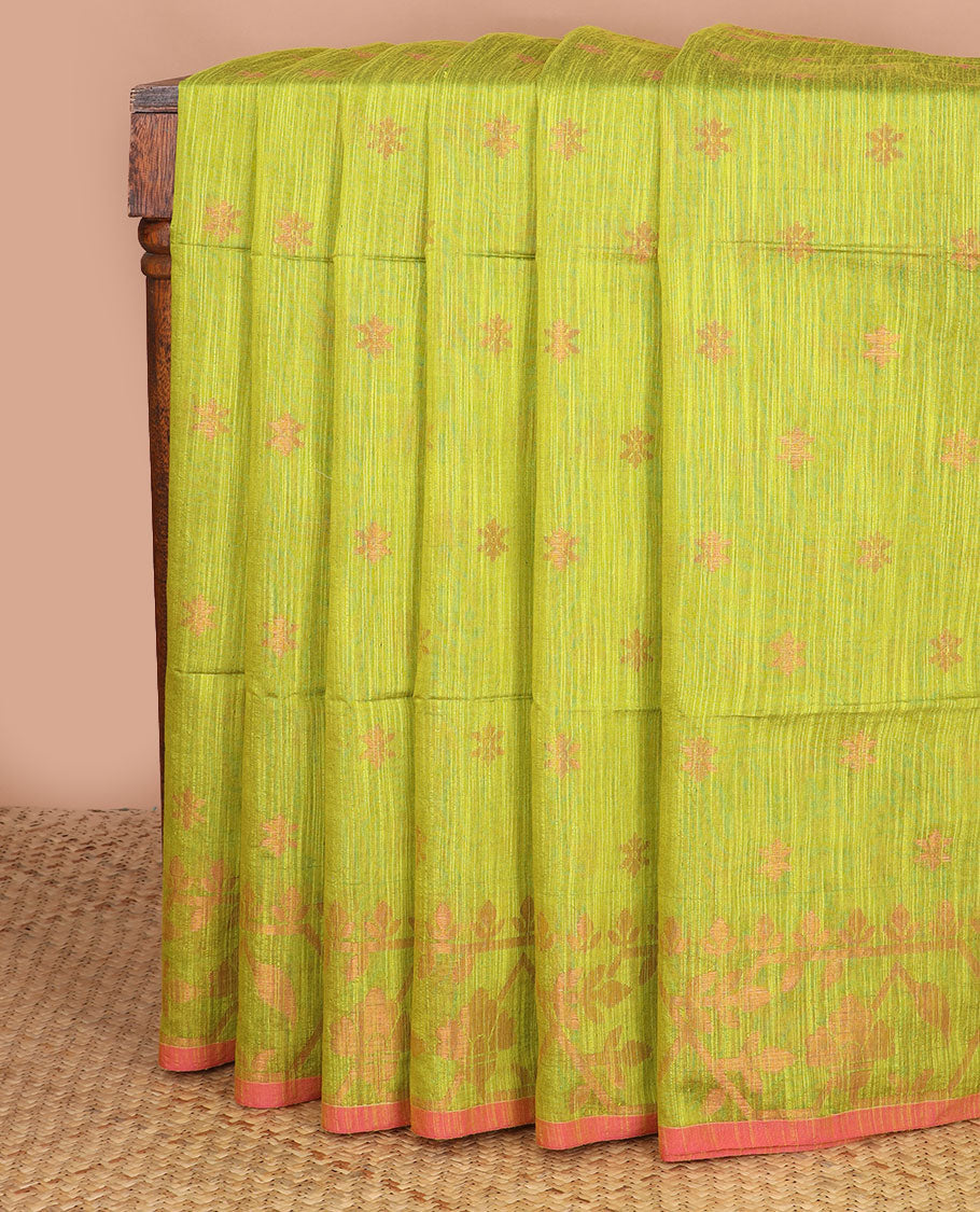Lime green zari buttas Kadhi cotton saree, paithani-style floral-theme zari woven border & paithani-style motifs zari woven pallu
