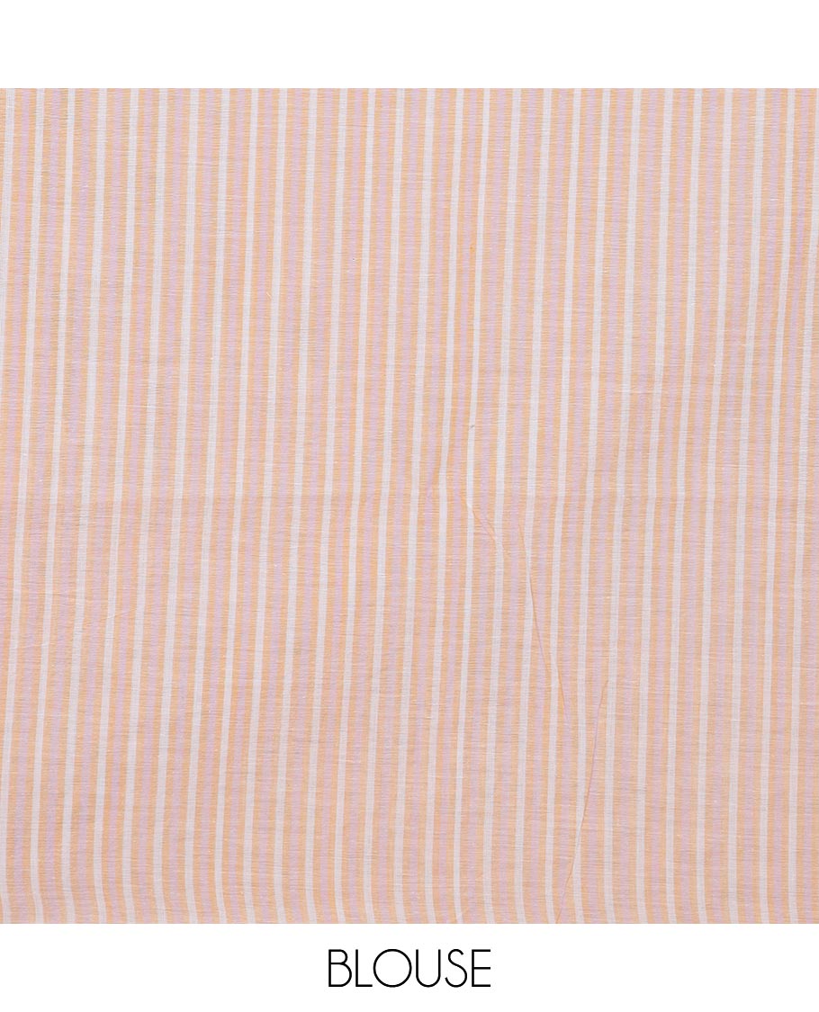 Orange striped jute cotton saree, zari border & striped pallu