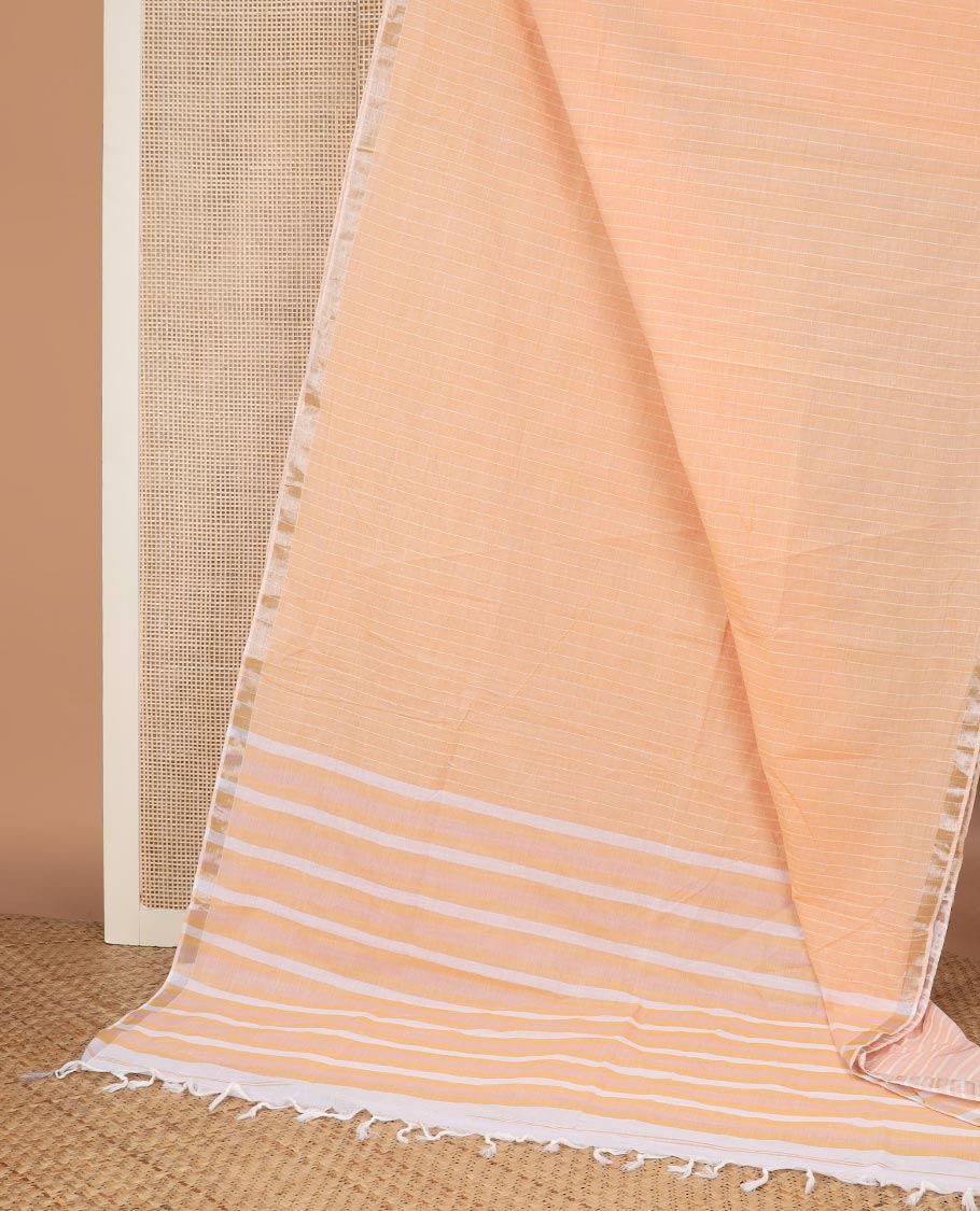 Orange striped jute cotton saree, zari border & striped pallu