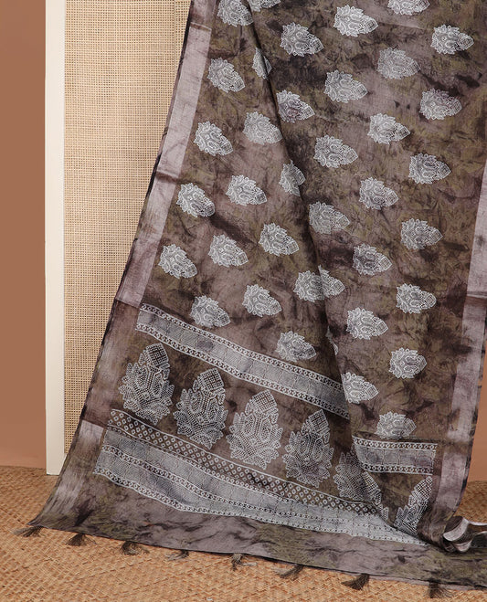 Brown shibori printed with unique motifs cotton saree, zari border and intricate pallu