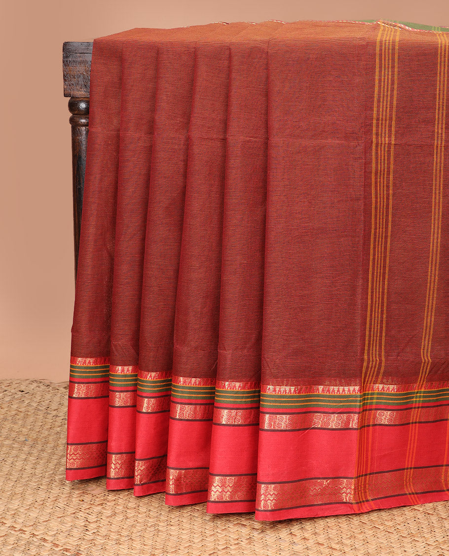 Red plain Bengal cotton saree, contrast rettai pettu ganga jamuna rettai pettu border, and pallu of stripes