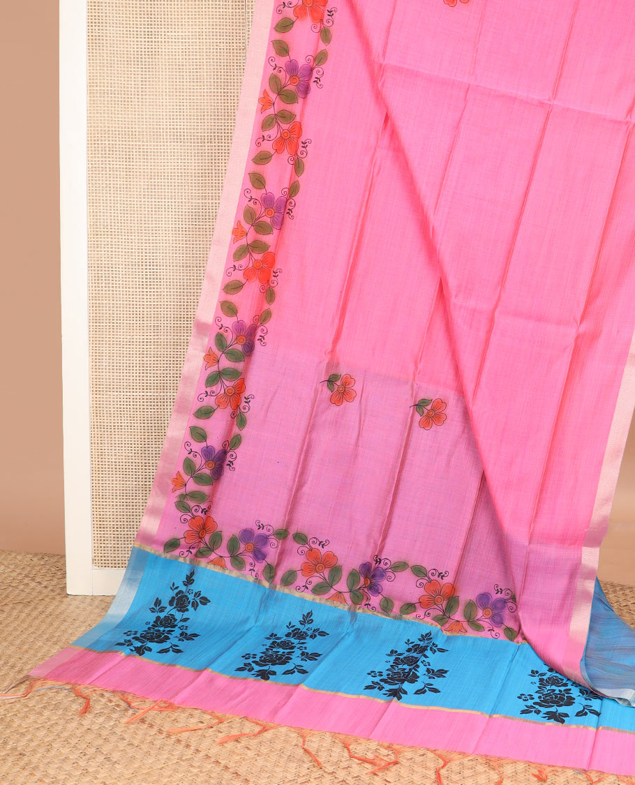 Pink floral buttas printed chirala cotton saree, bavanji border, and contrast floral print pallu