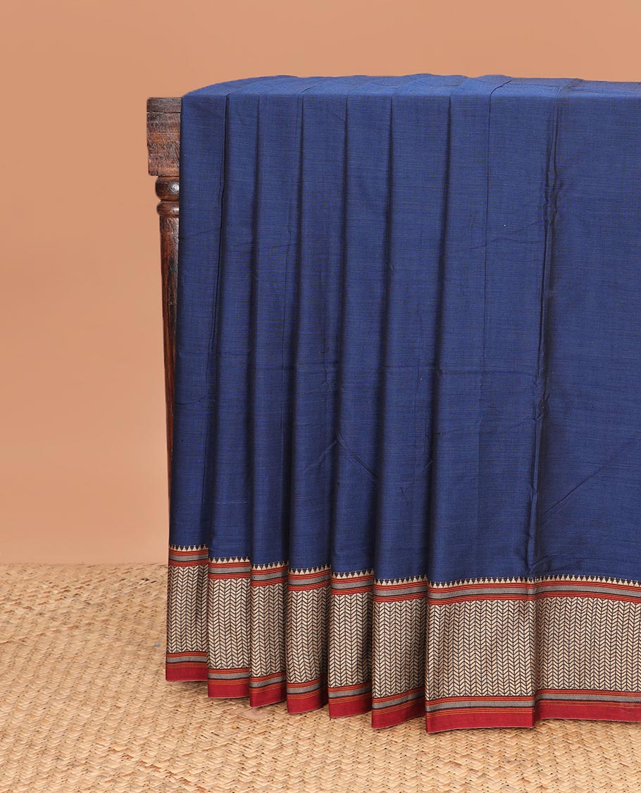 Navy blue plain Narayanapet cotton saree, contrast geometric border, and striped pallu