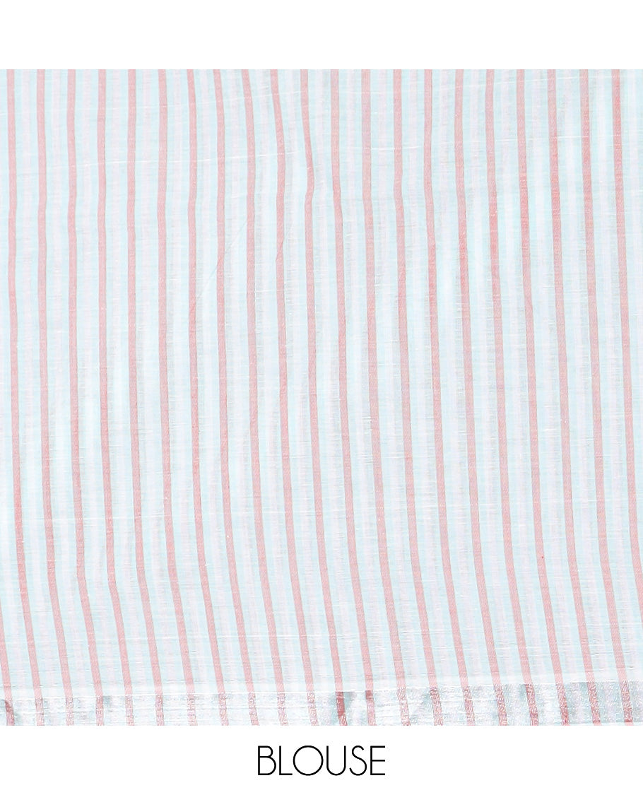 Pastel green striped jute cotton saree, zari border, and striped pallu