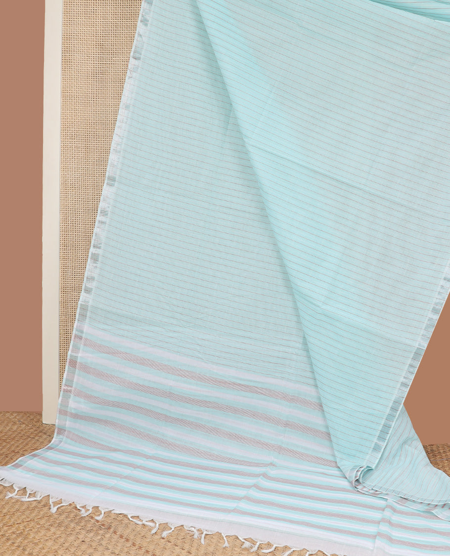 Pastel green striped jute cotton saree, zari border, and striped pallu