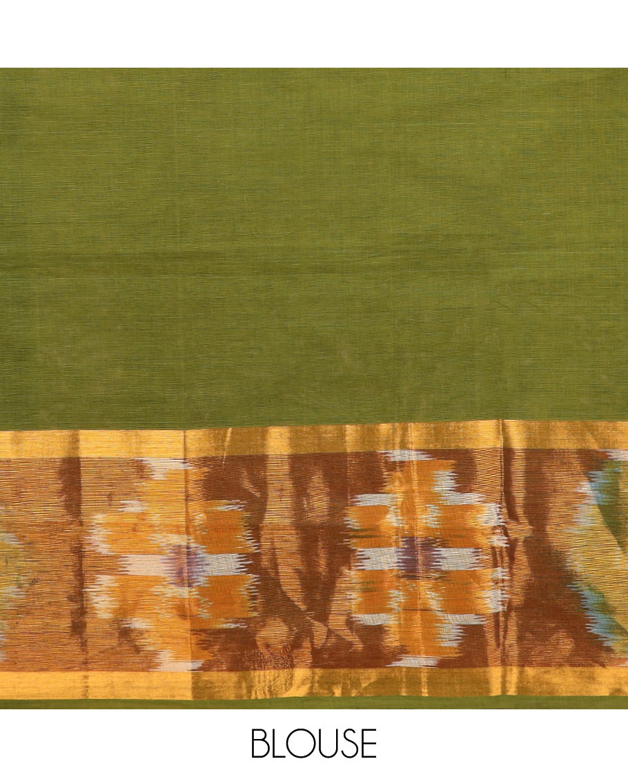 Olive green warli motifs printed Andhra cotton saree, ikkat design border, and unique motifs pallu