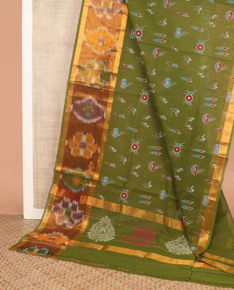 Olive green warli motifs printed Andhra cotton saree, ikkat design border, and unique motifs pallu