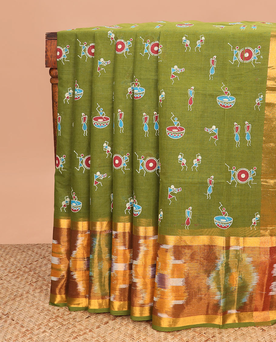 Olive green warli motifs printed Andhra cotton saree, ikkat design border, and unique motifs pallu