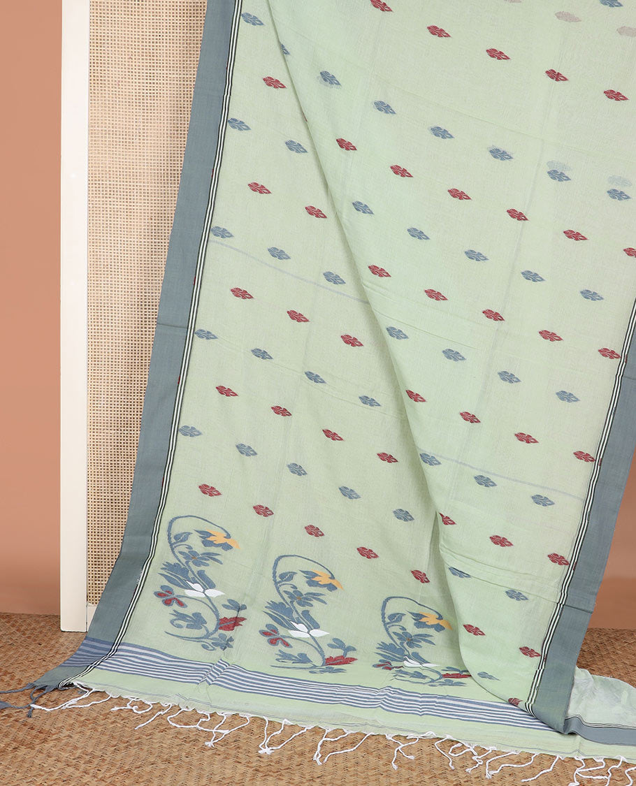 Green thread buttas Khadi cotton saree, contrast plain border, and pallu of thread woven jamdani floral designs