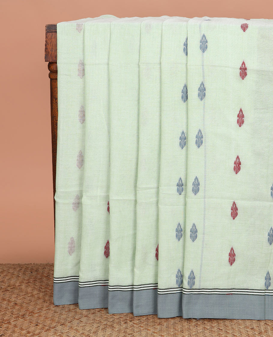 Green thread buttas Khadi cotton saree, contrast plain border, and pallu of thread woven jamdani floral designs