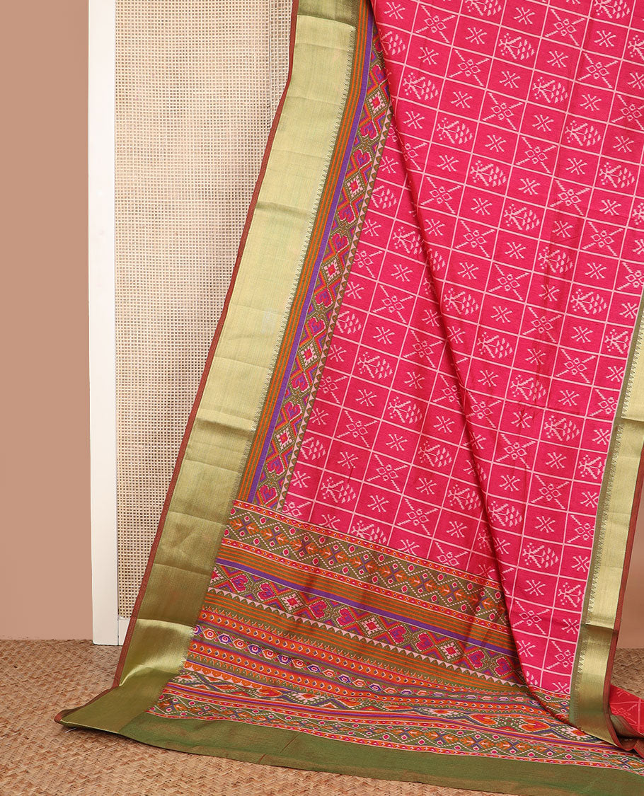 Pink butta enclosed checked semi-banaras patola silk saree, contrast zari border of ikkat design, and pallu steeped with geometric patterns