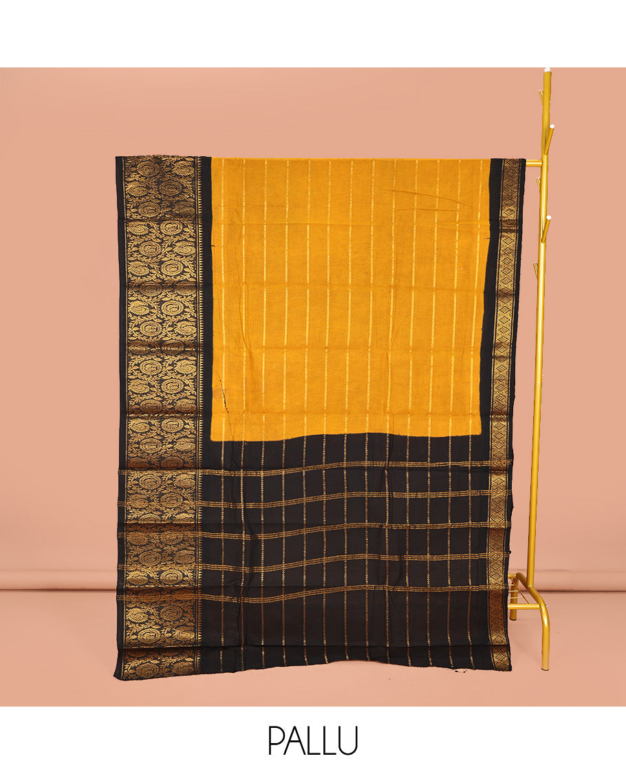 Yellow Sungudi Cotton Saree, Accentuated with Stripes on Its Body, Complemented by a Contrast Border of Round Peacock and Floral Vine Designs, Zari Striped Pallu, and Has No Blouse