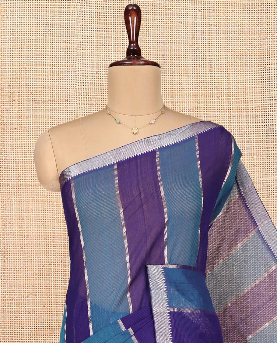 Royal Blue-Blue Mangalgiri Cotton Saree, Gleamed Up with Stripes on Its Body, Highlighted by Zari Temple Border, Zari-Striped Pallu, and Paired with a Matching Blouse
