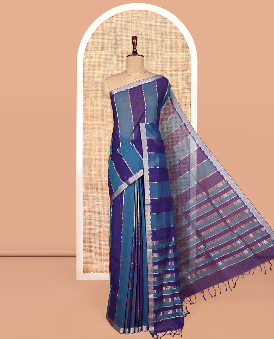 Royal Blue-Blue Mangalgiri Cotton Saree, Gleamed Up with Stripes on Its Body, Highlighted by Zari Temple Border, Zari-Striped Pallu, and Paired with a Matching Blouse