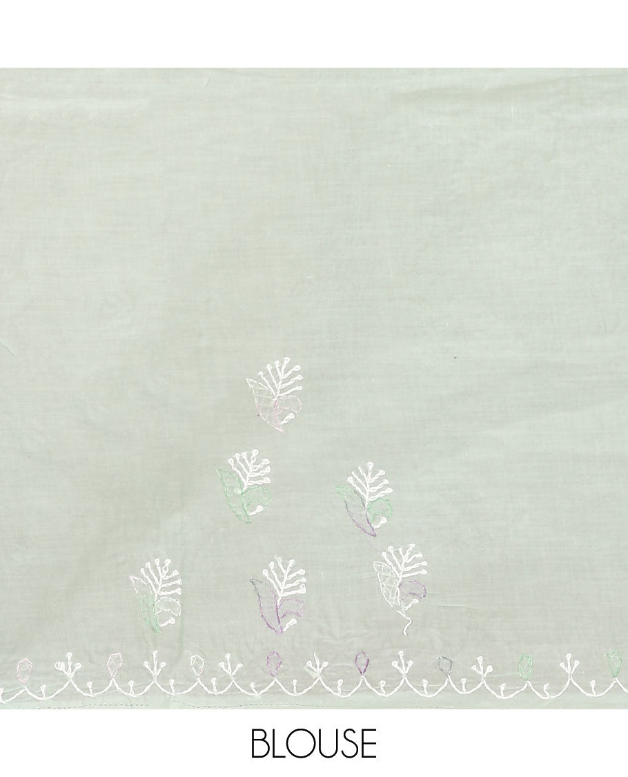 Pale green colorful embroidered buttas Lucknowi chikankari saree, thread embroidered border, and floral-paisley motifs embroidered pallu