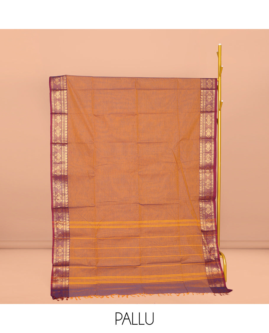 Orange Plain Chettinad Cotton Saree, Complemented by Contrast Traditional Zari Design Border, Striped Pallu, and Paired with Matching Blouse