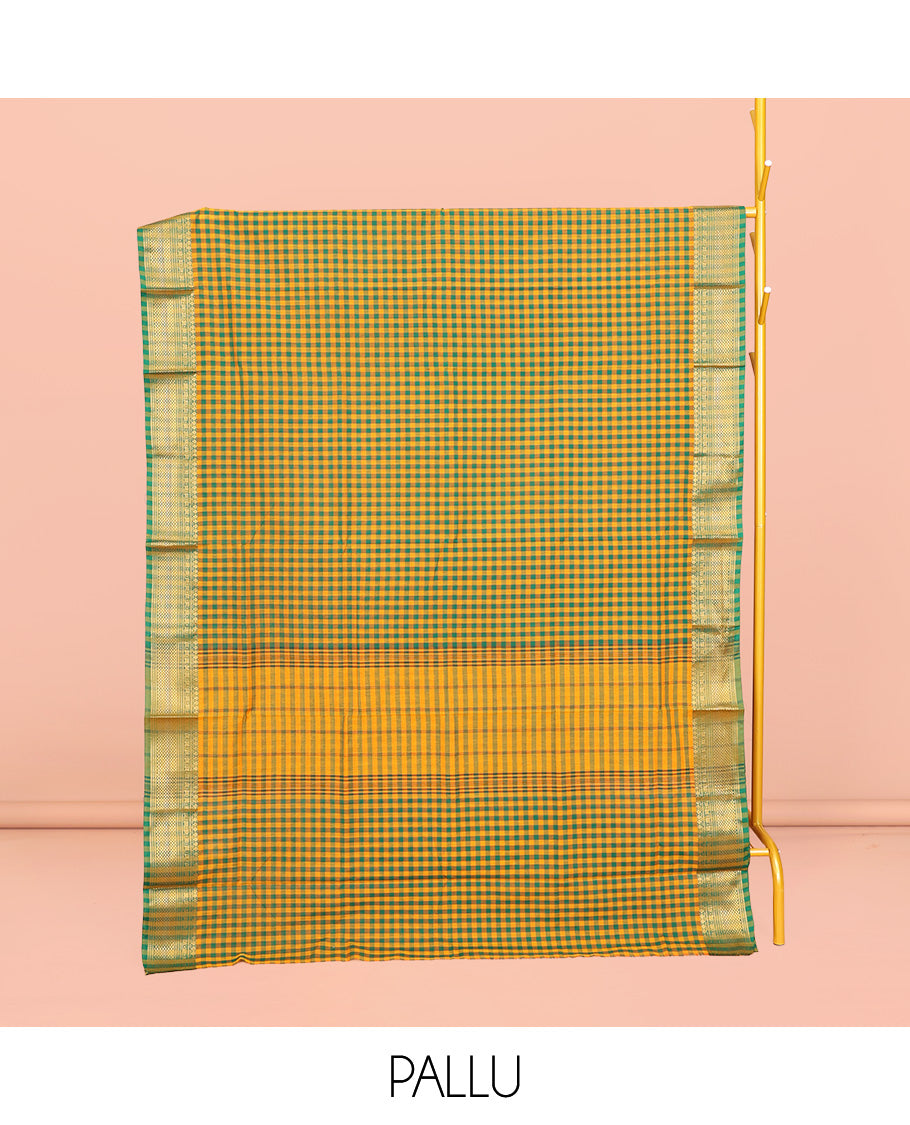 Yellow-Green Chettinad Cotton Saree, Accentuated with Micro-Checks, Highlighted by Traditional Zari Border, Striped Pallu, and No Blouse