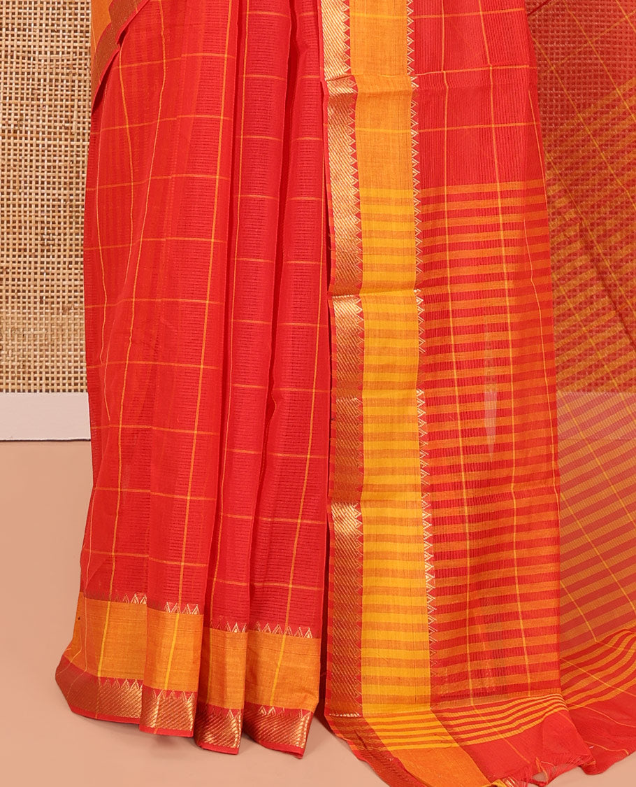 Red Andhra Cotton Saree, Subtly Sparkled with Checks, a Contrast Zari Traditional Border, Striped Pallu, and a Matching Blouse