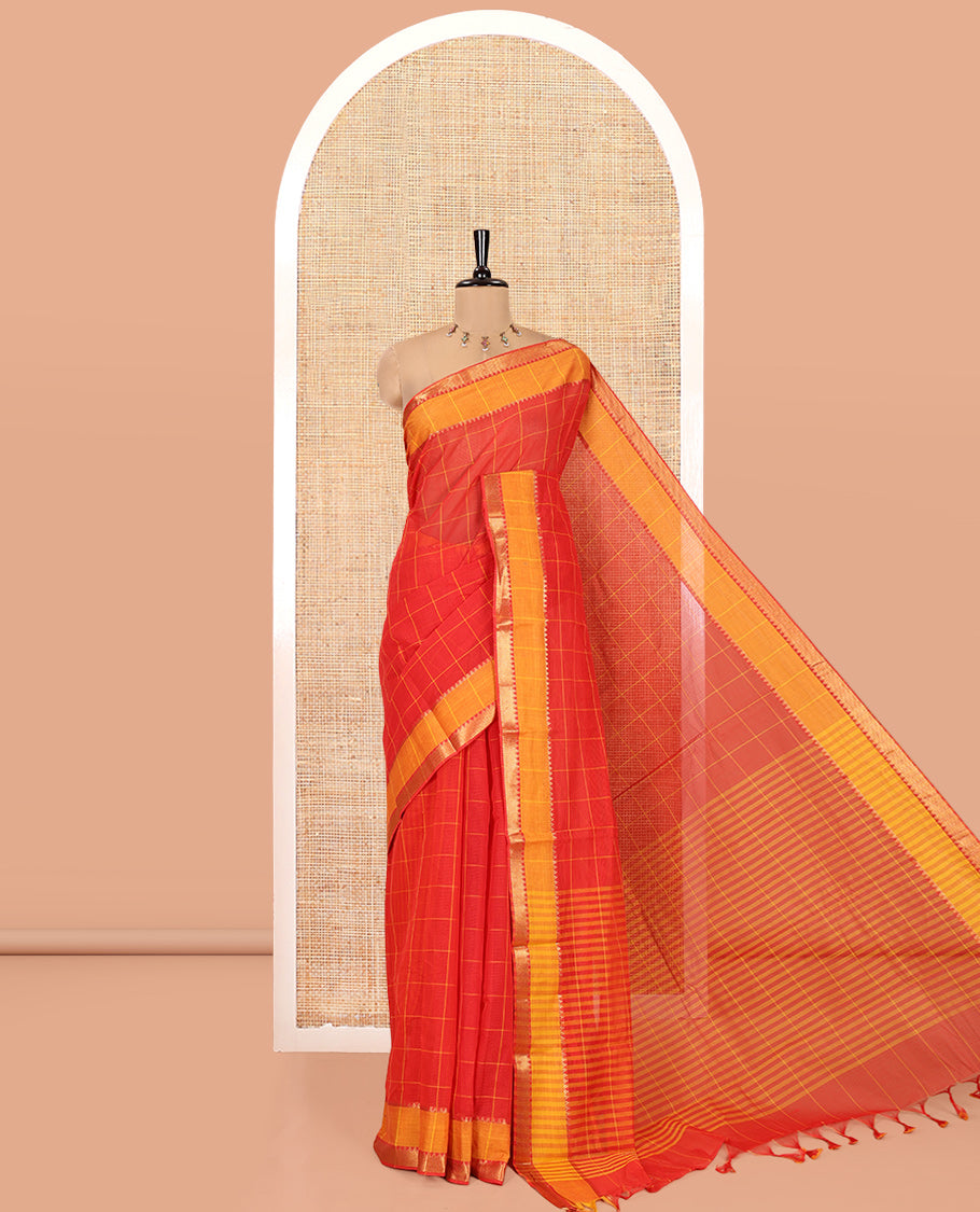 Red Andhra Cotton Saree, Subtly Sparkled with Checks, a Contrast Zari Traditional Border, Striped Pallu, and a Matching Blouse