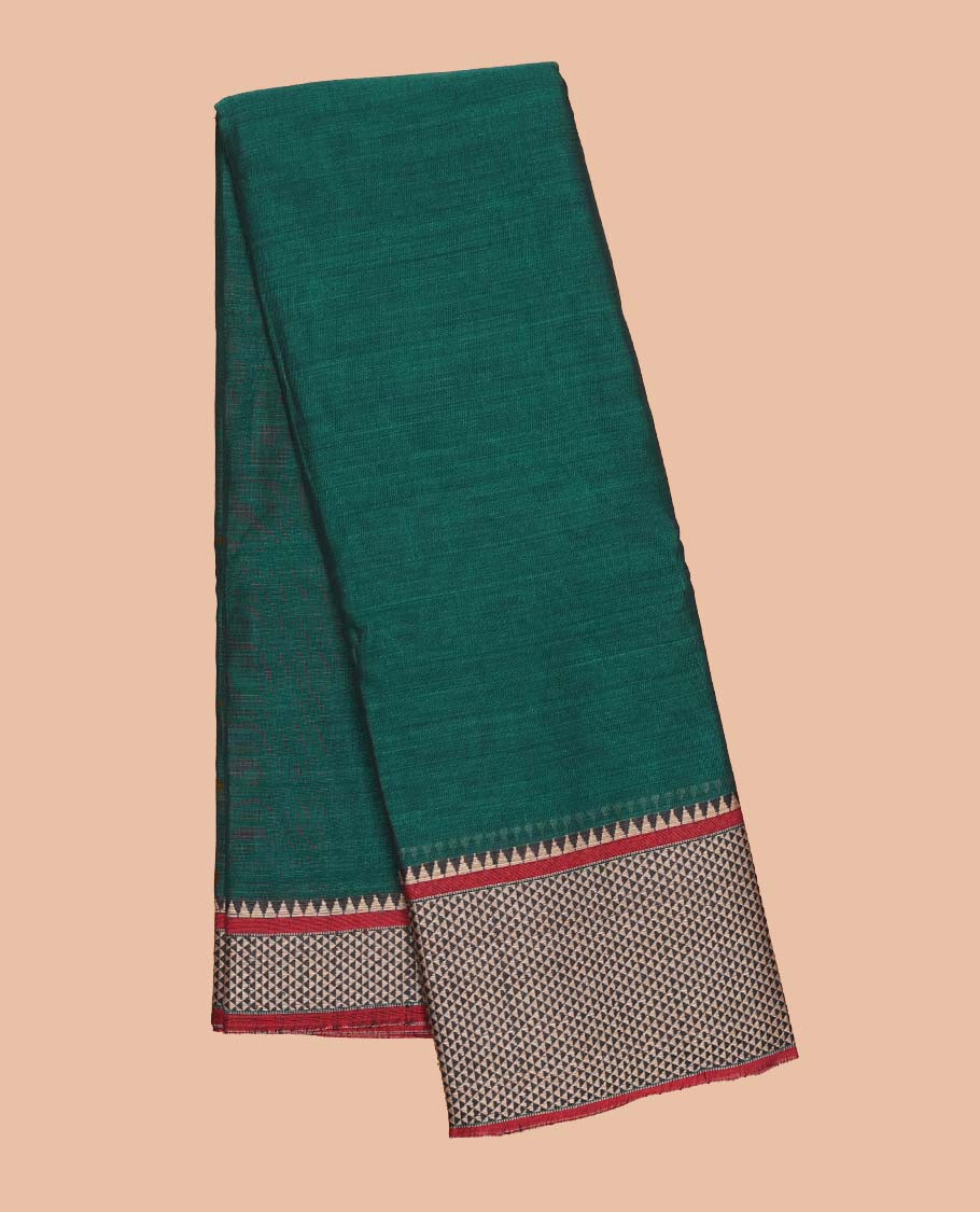 Green plain design Narayanapet cotton saree, contrast traditional design border & striped pallu