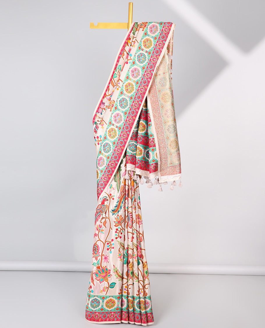 Cream floral vine design semi-banaras dola silk saree with contrast border and intricate design pallu