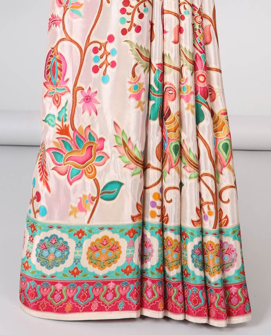 Cream floral vine design semi-banaras dola silk saree with contrast border and intricate design pallu