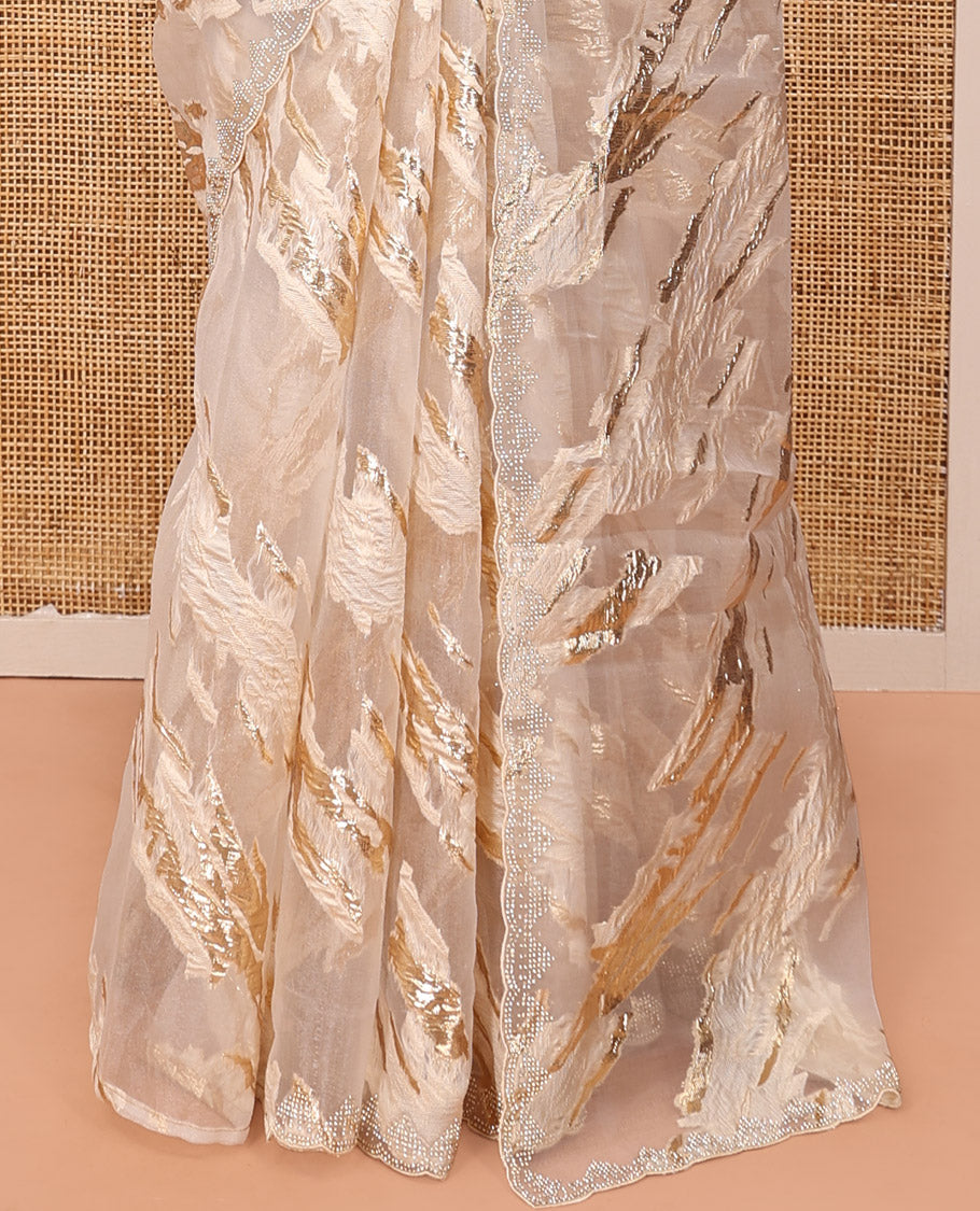 Gold Turkey Organza Saree, Adorned with Abstract-Style Gold Thread Work, Swarovski Stonework Border, and Matching Blouse